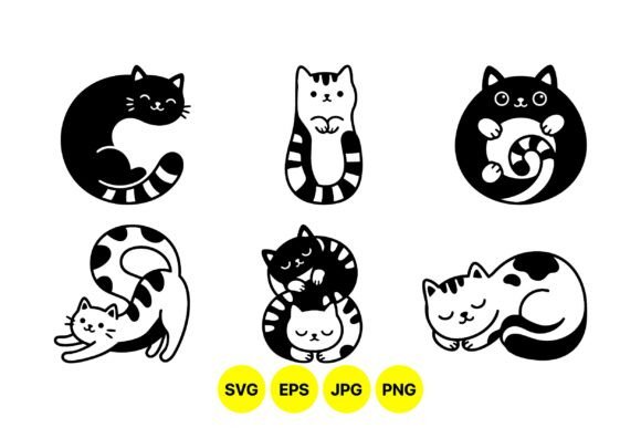 Cute Cat Silhouette Clipart Set Graphics & Illustrations