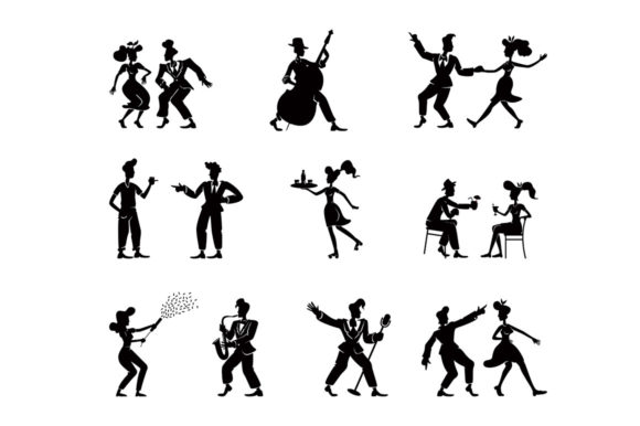 Retro Women and Men Black Silhouette Graphics and Illustrations