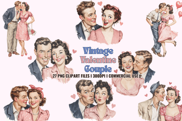 Vintage Valentine Couple Clipart: Graphics & Illustrations for Publishers